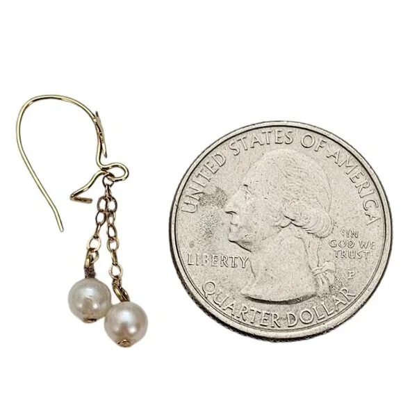 14K Yellow Gold Chain Pearl Charm Dangle Hook Earrings L385